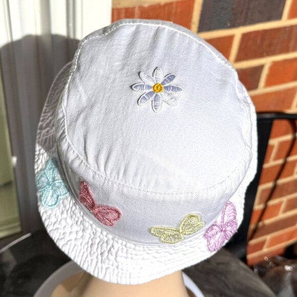 Handmade Kids Upcycled One Of A Kind White Bucket Hat With Colorful Butterflies - Picture 9 of 12
